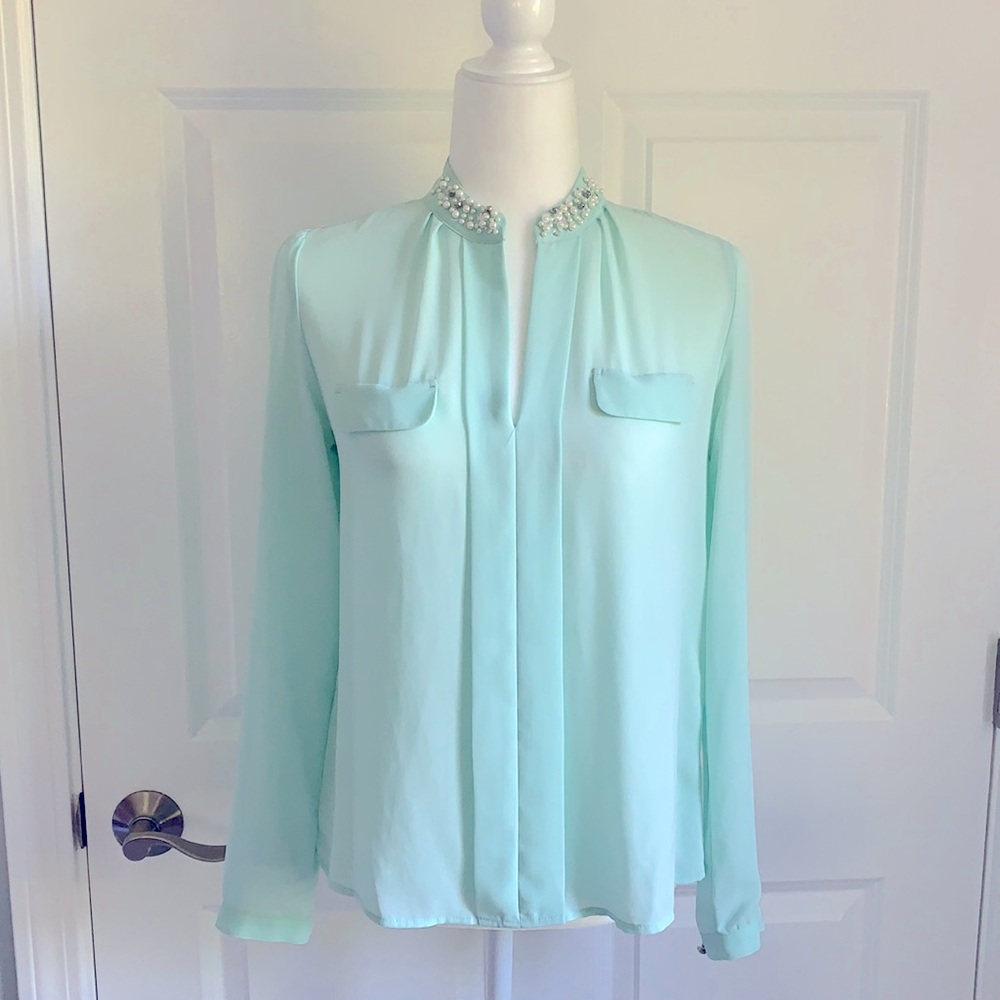 Candie’s Mint Chiffon Jeweled Collar Long-sleeve Blouse